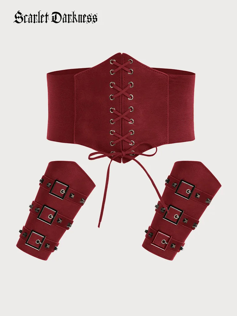 3 Set Medieval Corset Belt+Sleevelet Cincher Waistband SCARLET DARKNESS