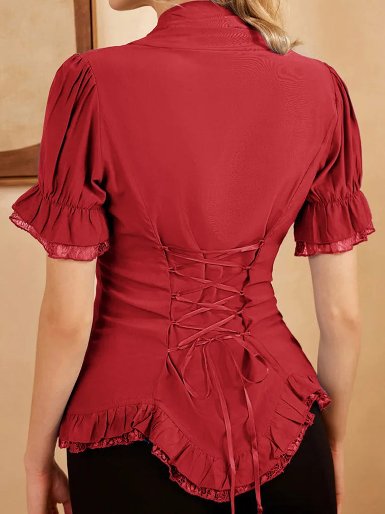 Victorian Pleated Shirt Lace Up Work Blouse SCARLET DARKNESS