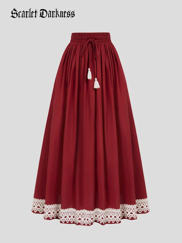 Drawstring waist Elastic Lace Hem Swing Skirt SCARLET DARKNESS