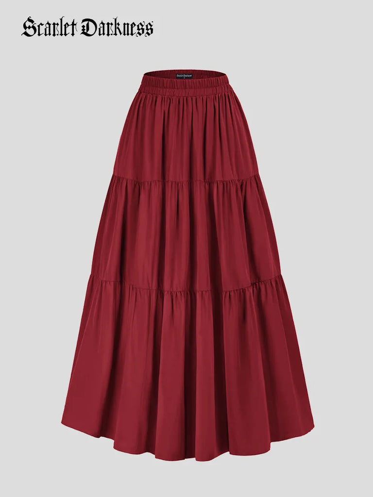 Tiered Elastic High Waist Swing Skirt with Pocket SCARLET DARKNESS