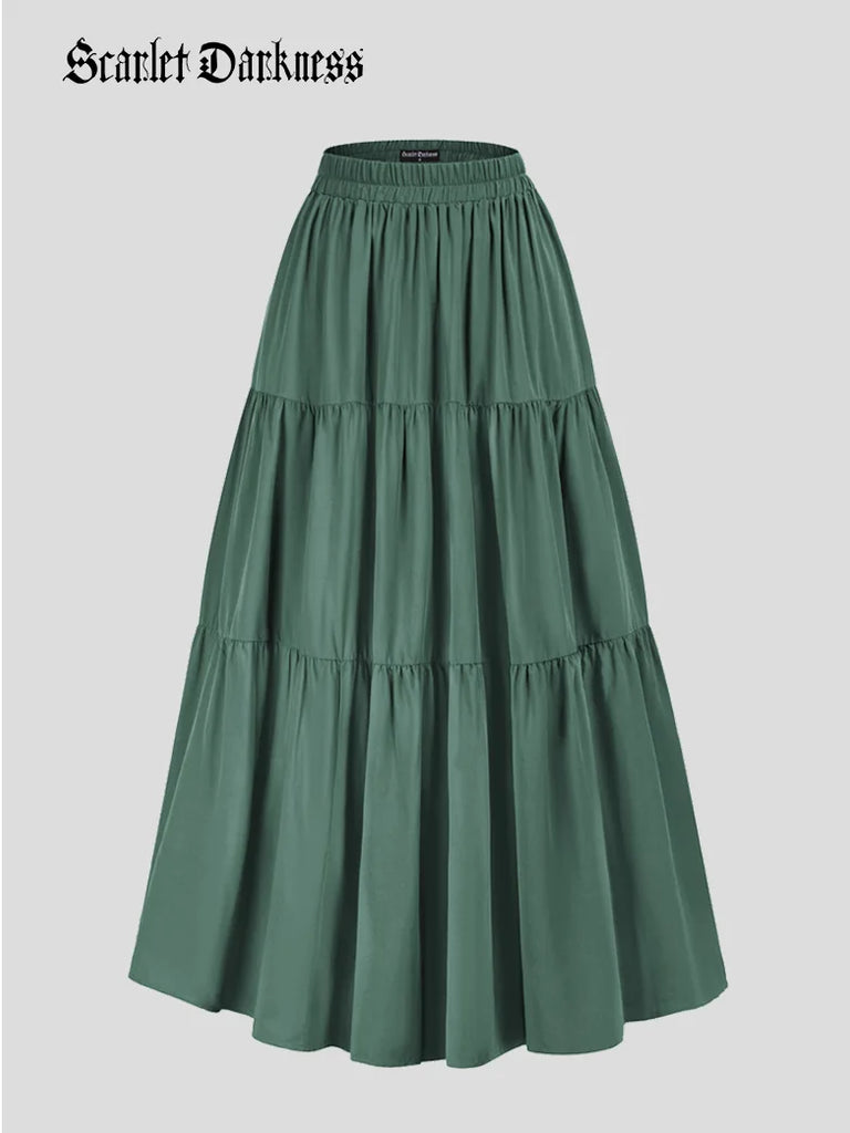 Tiered Elastic High Waist Swing Skirt with Pocket SCARLET DARKNESS