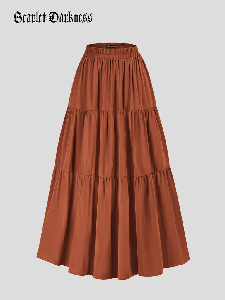 Tiered Elastic High Waist Swing Skirt with Pocket SCARLET DARKNESS