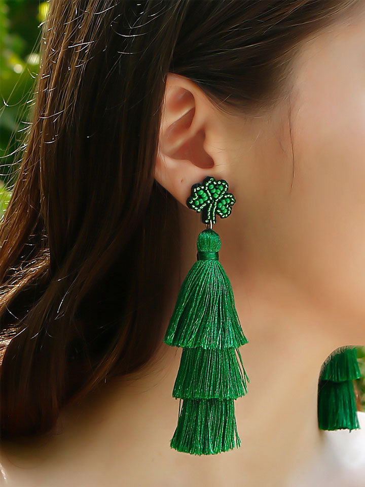 St. Patrick's Day Miss Lucky Shamrock Beaded Dangle Tassel Earrings SCARLET DARKNESS