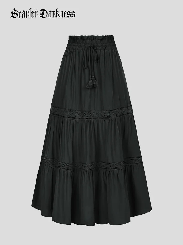 Tiered Swing Elastic Drawstring Waist Flared Maxi Skirt SCARLET DARKNESS