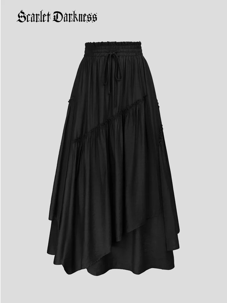 Overlay Decorated Drawstring Waist Irregular Hem Skirt SCARLET DARKNESS