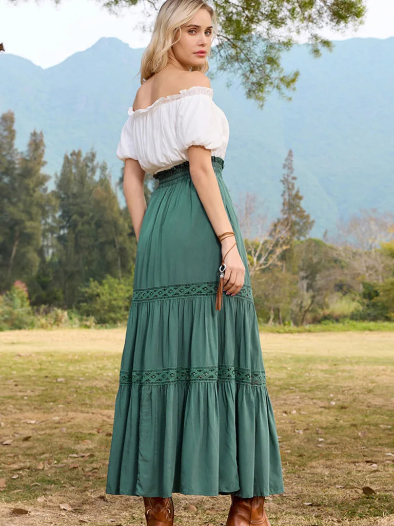 Tiered Swing Elastic Drawstring Waist Flared Maxi Skirt SCARLET DARKNESS