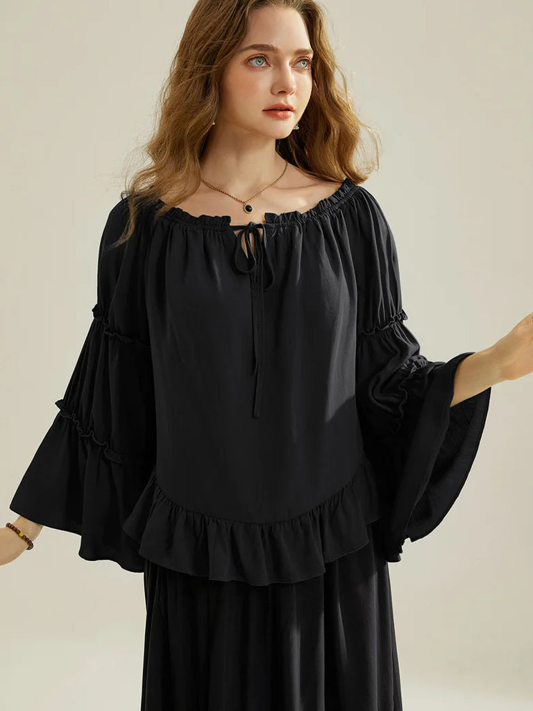 Renaissance Off Shoulder Tops Bell Sleeve Ruffled Hem Tops SCARLET DARKNESS