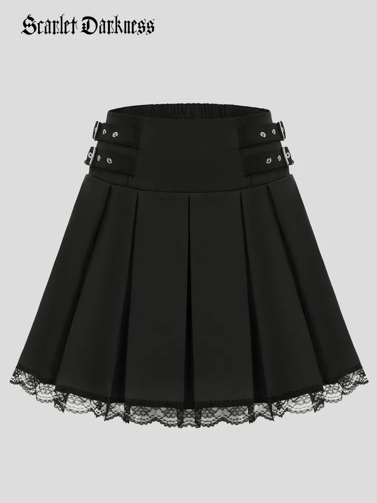 Lace Hem Elastic High Waist Buckle Decorated Skirt SCARLET DARKNESS