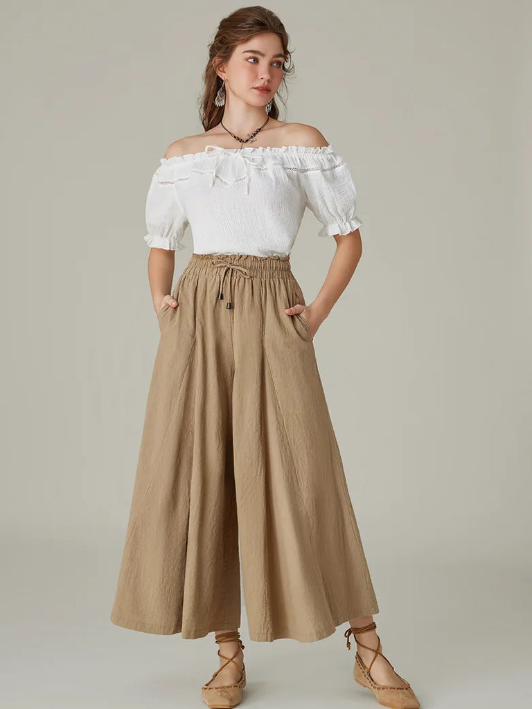 Women Cotton Renaissance Drawstring Palazzo Pants with Pocket SCARLET DARKNESS