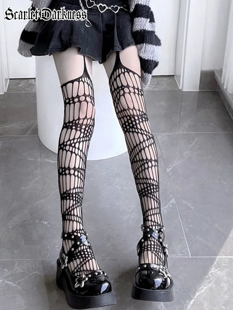 Y2K Gothic Irregular Mesh Leggings with Slings SCARLET DARKNESS