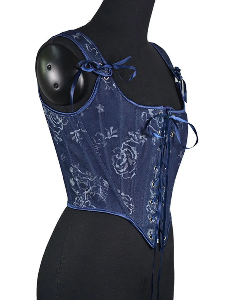 Women Vintage Denim Blue Printed Lace-Up Corset SCARLET DARKNESS