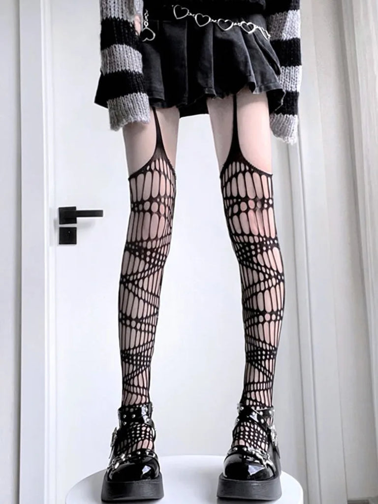 Y2K Gothic Irregular Mesh Leggings with Slings SCARLET DARKNESS