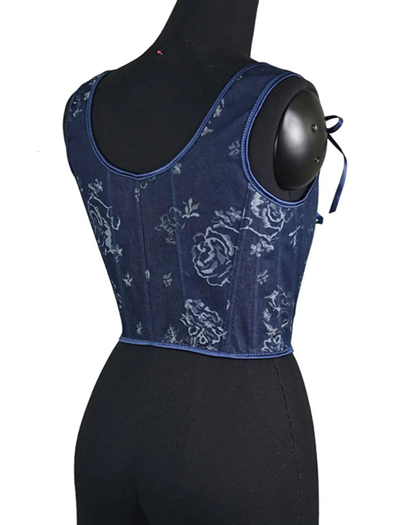 Women Vintage Denim Blue Printed Lace-Up Corset SCARLET DARKNESS