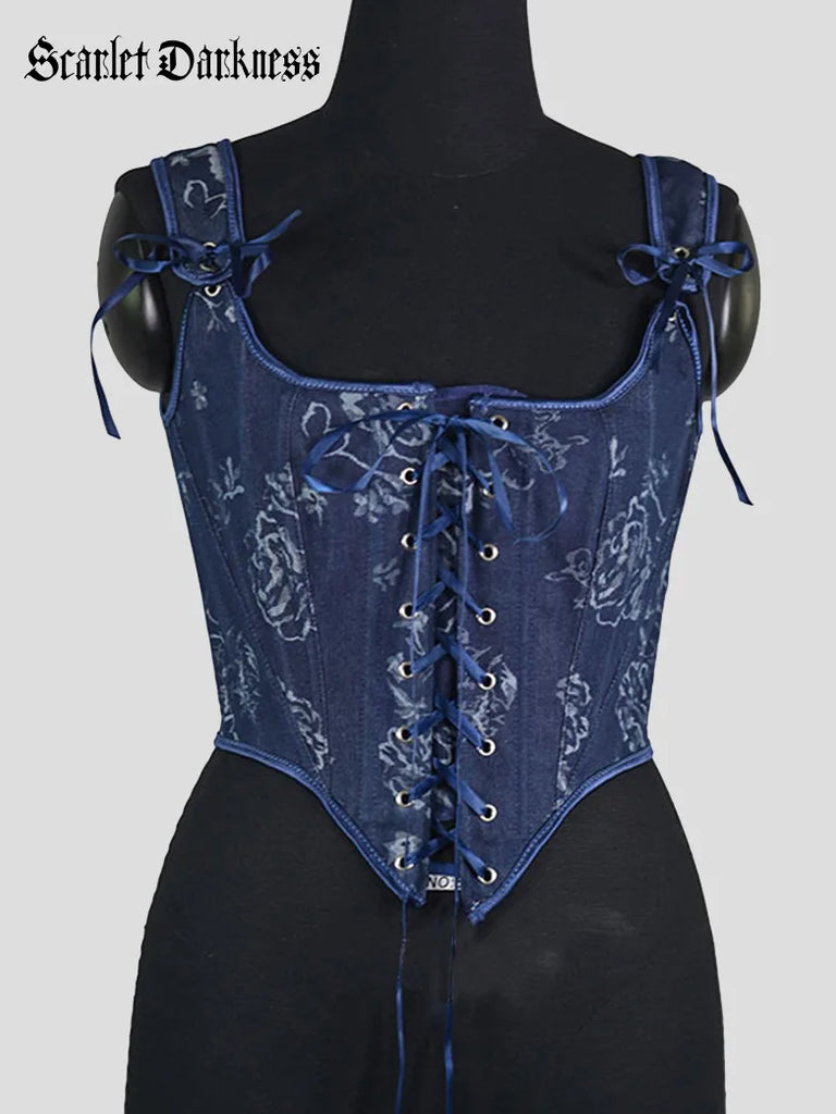 Women Vintage Denim Blue Printed Lace-Up Corset SCARLET DARKNESS