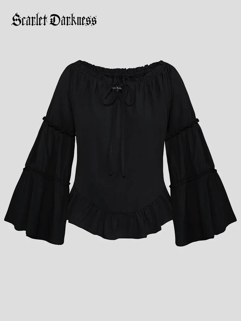 Renaissance Off Shoulder Tops Bell Sleeve Ruffled Hem Tops SCARLET DARKNESS