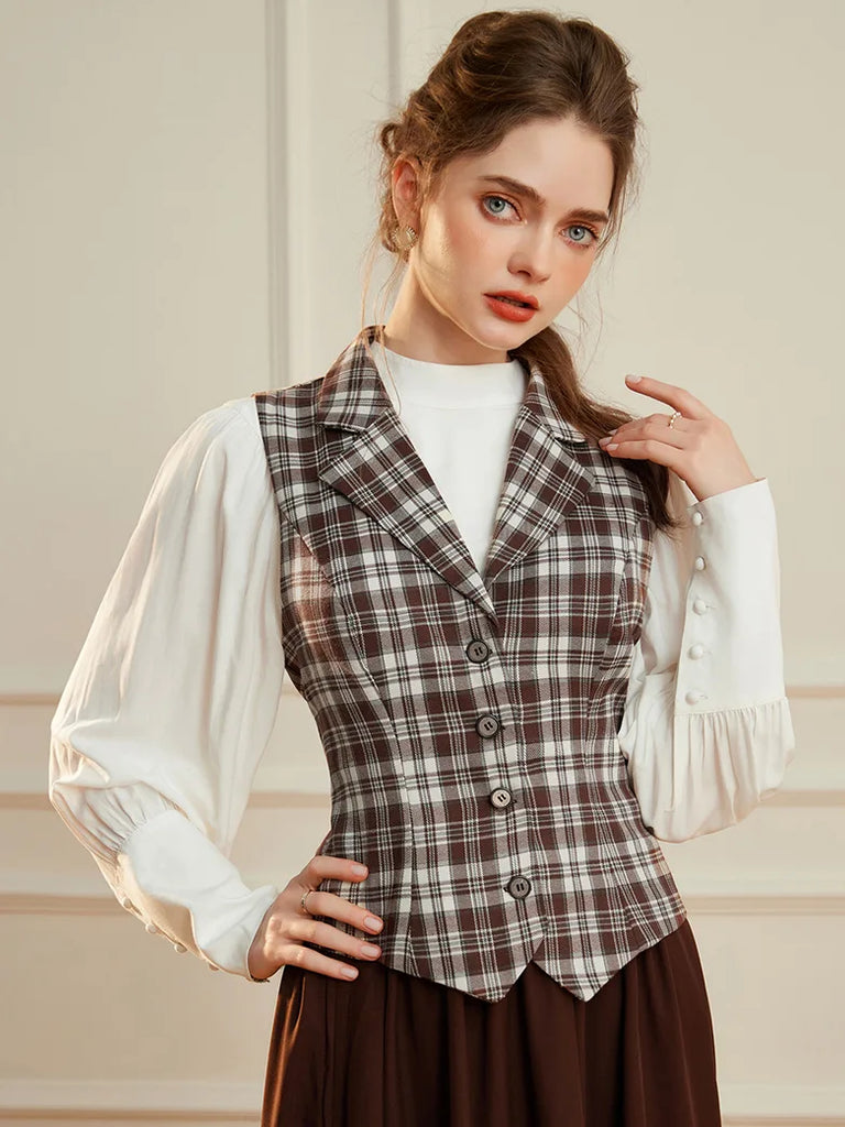 Women Renaissance Lapel Handkerchief Hem Plaid Vest SCARLET DARKNESS