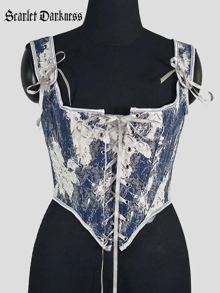 Women Vintage Denim Blue Printed Lace-Up Corset SCARLET DARKNESS