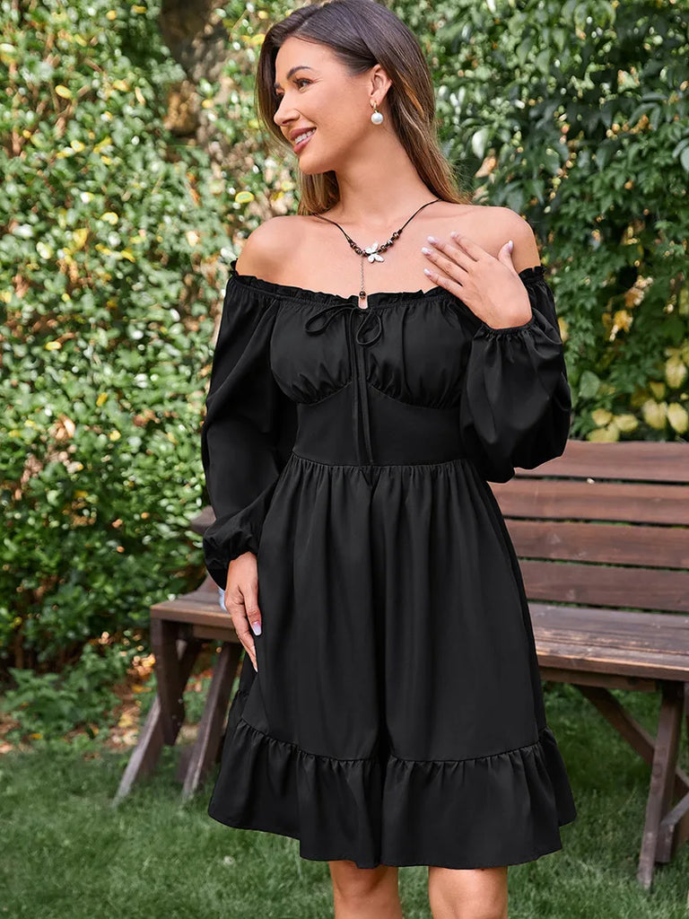 Women Long Sleeve Off Shoulder Square Neck Midi Dress SCARLET DARKNESS