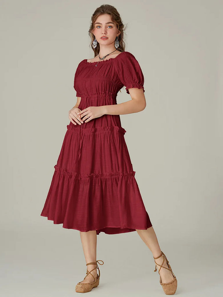 Women Victorian Tiered Dress Square Neck Pleated Midi Dress SCARLET DARKNESS