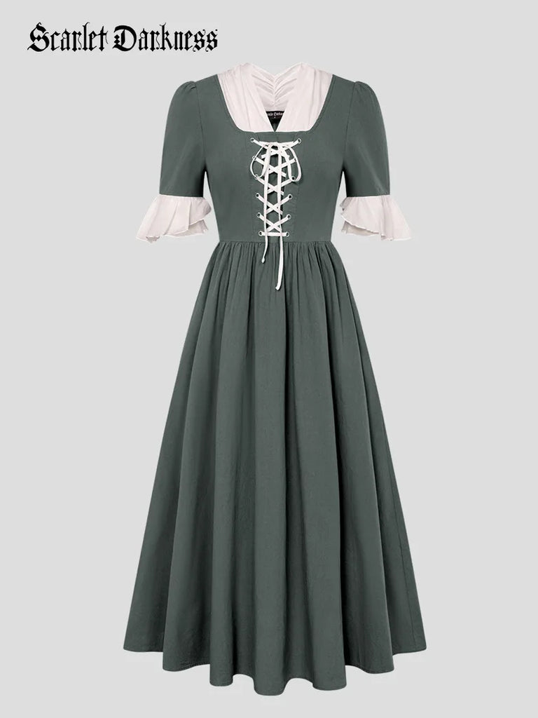 Women Colonial and Pioneer Lace up Maxi Dress with Pocket SCARLET DARKNESS