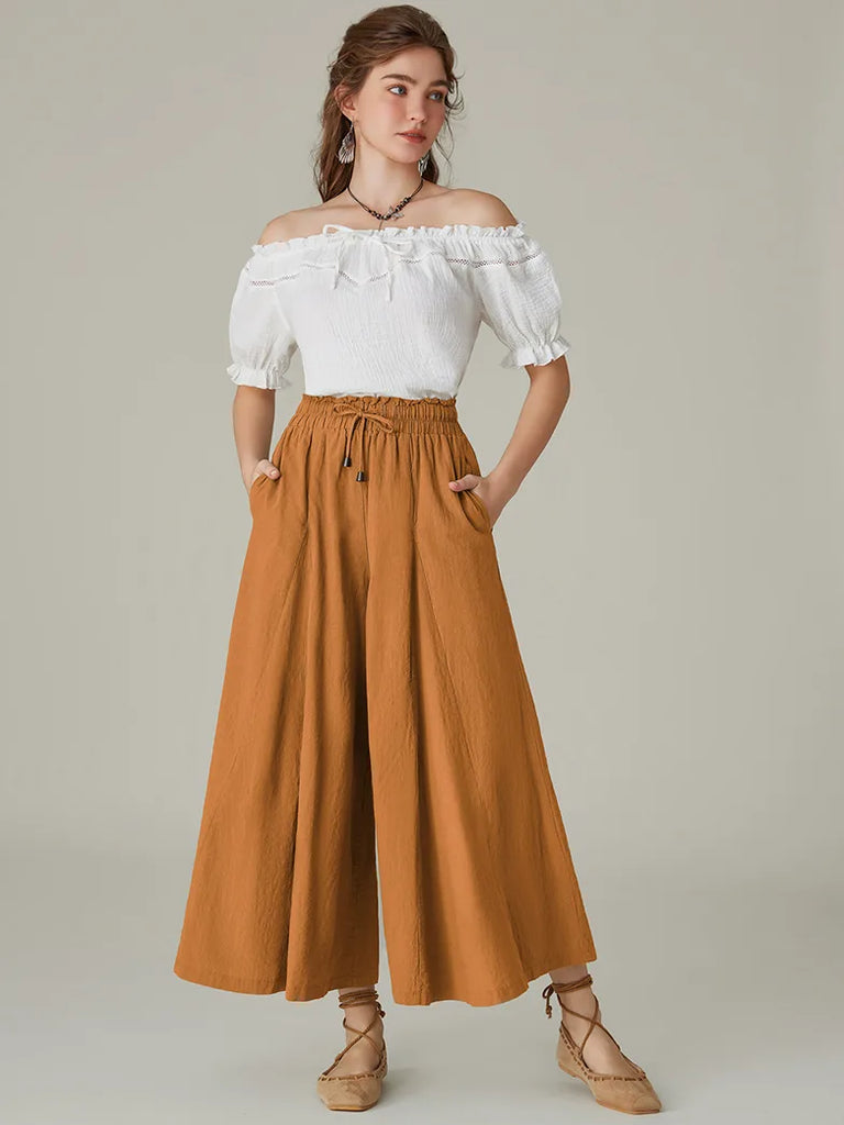 Women Cotton Renaissance Drawstring Palazzo Pants with Pocket SCARLET DARKNESS