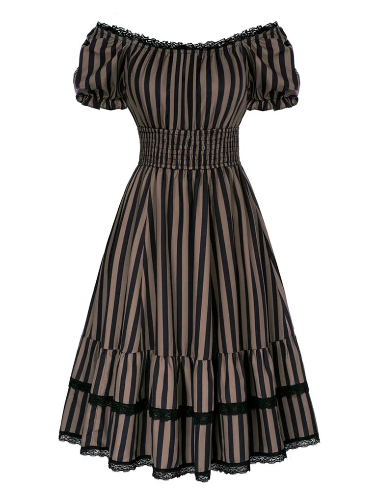 Steampunk Striped Elastic Waist Tiered Dress with Pocket SCARLET DARKNESS