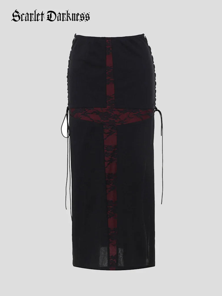 Women Gothic Skirts Cross Cut Out Slim Maxi Skirt SCARLET DARKNESS