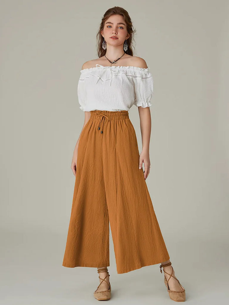 Women Cotton Renaissance Drawstring Palazzo Pants with Pocket SCARLET DARKNESS