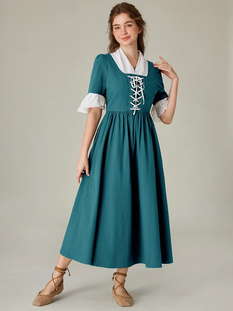 Women Colonial and Pioneer Lace up Maxi Dress with Pocket SCARLET DARKNESS