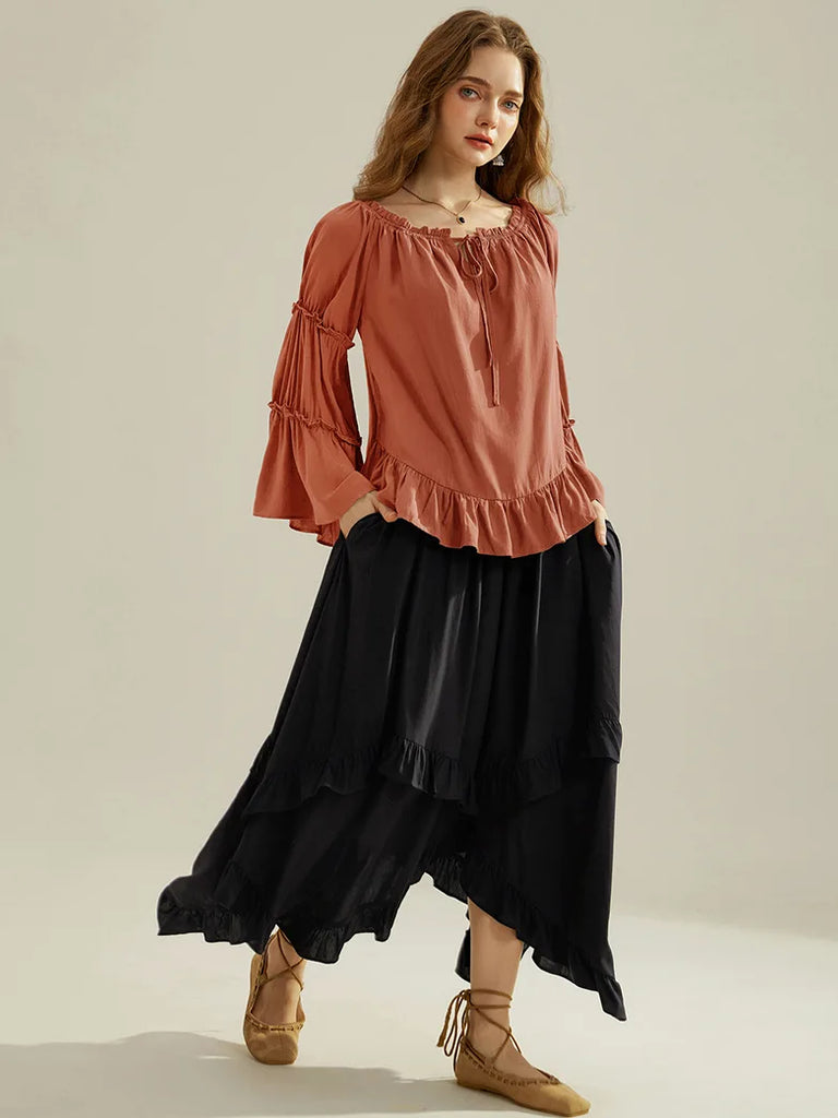 Renaissance Off Shoulder Tops Bell Sleeve Ruffled Hem Tops SCARLET DARKNESS