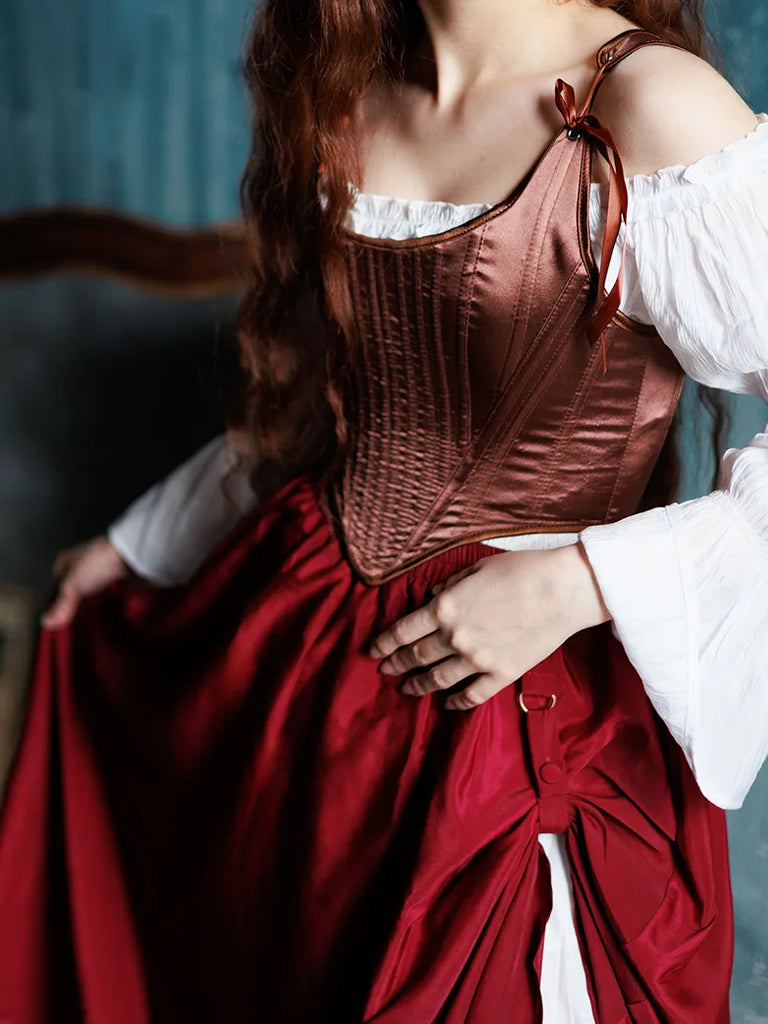 Women 1850s Victorian Classical Satin Herringbone Corset SCARLET DARKNESS