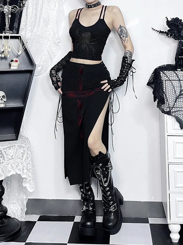 Women Gothic Skirts Cross Cut Out Slim Maxi Skirt SCARLET DARKNESS