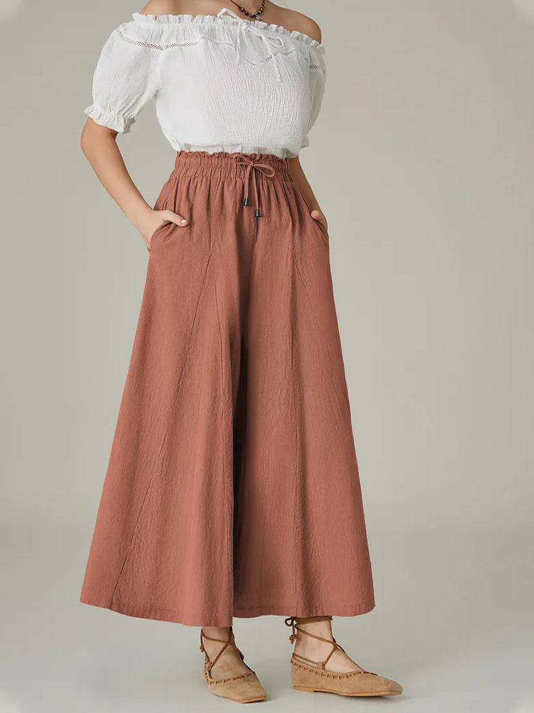 Women Cotton Renaissance Drawstring Palazzo Pants with Pocket