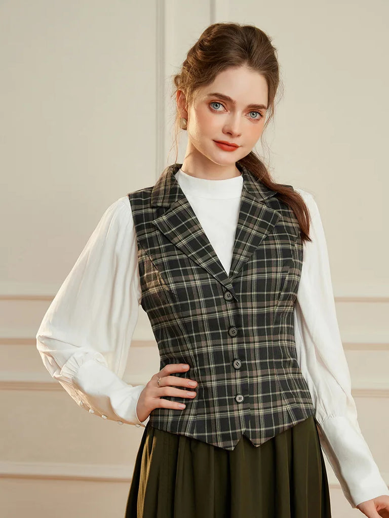 Women Renaissance Lapel Handkerchief Hem Plaid Vest SCARLET DARKNESS