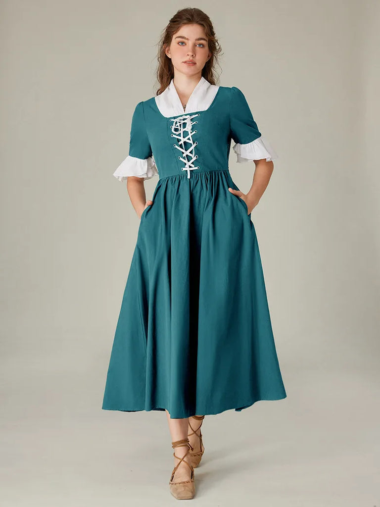 Women Colonial and Pioneer Lace up Maxi Dress with Pocket SCARLET DARKNESS