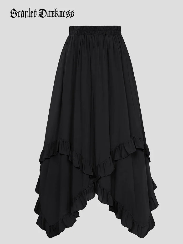 Renaissance Irregular Hem Swing A-Line Maxi Skirt SCARLET DARKNESS