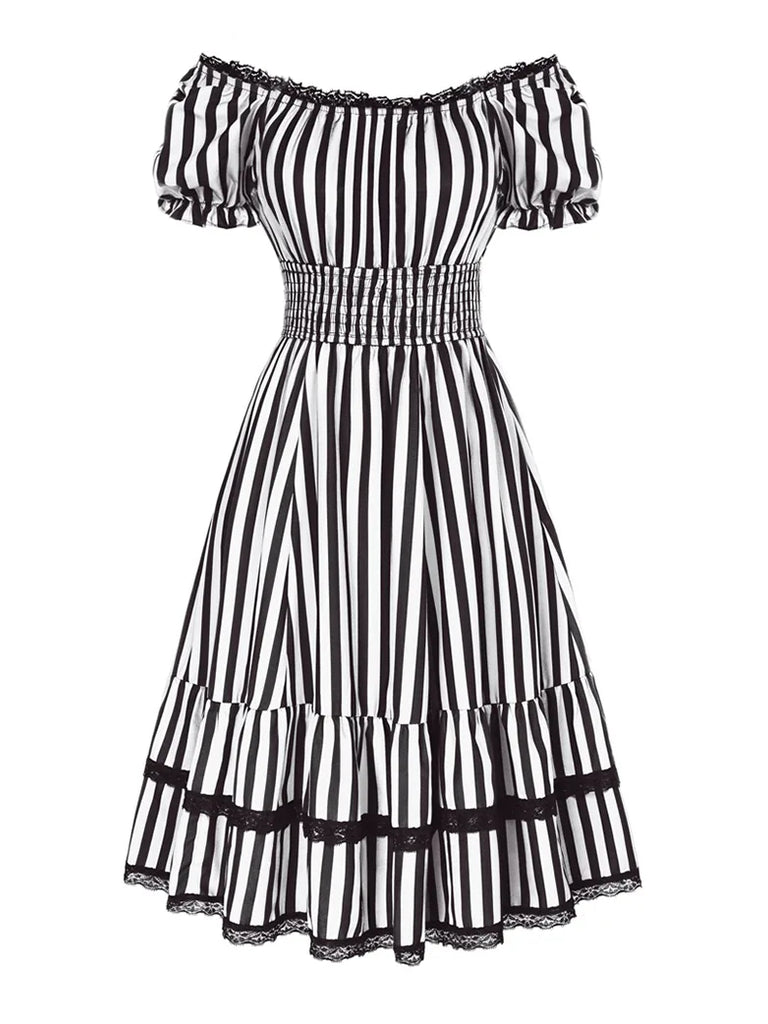 Steampunk Striped Elastic Waist Tiered Dress with Pocket SCARLET DARKNESS