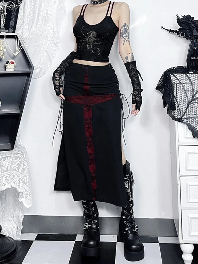 Women Gothic Skirts Cross Cut Out Slim Maxi Skirt SCARLET DARKNESS