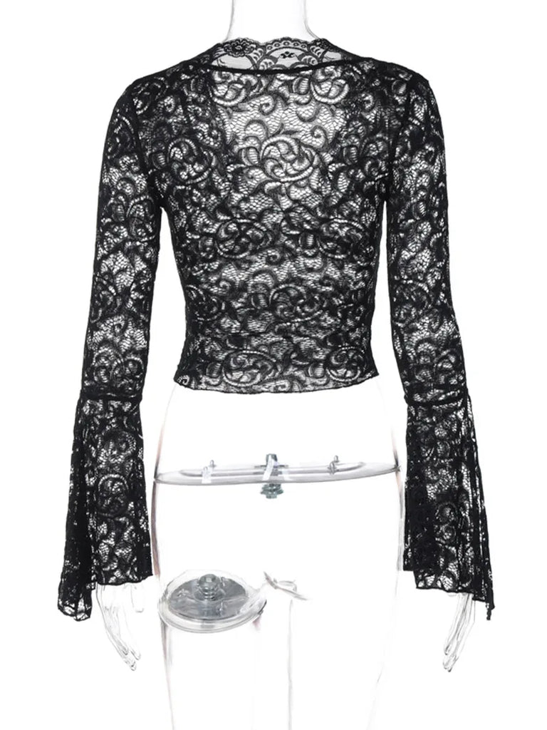 SCARLET DARKNESSWomen Gothic V neck Lace Tied Basic Top