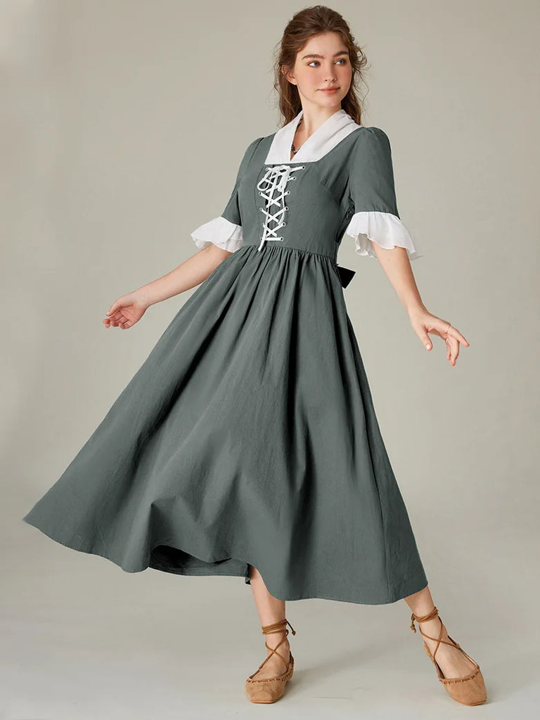 Women Colonial and Pioneer Lace up Maxi Dress with Pocket SCARLET DARKNESS