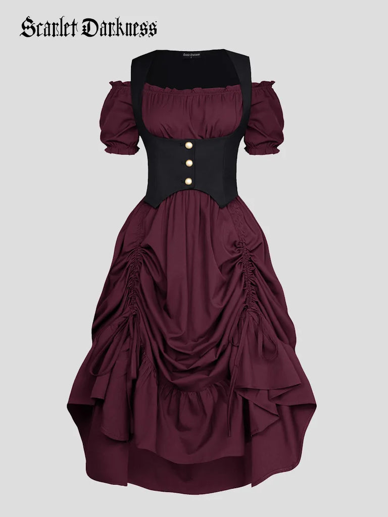 Steampunk Costume Off Shoulder Dress+Under-Bust Vest SCARLET DARKNESS