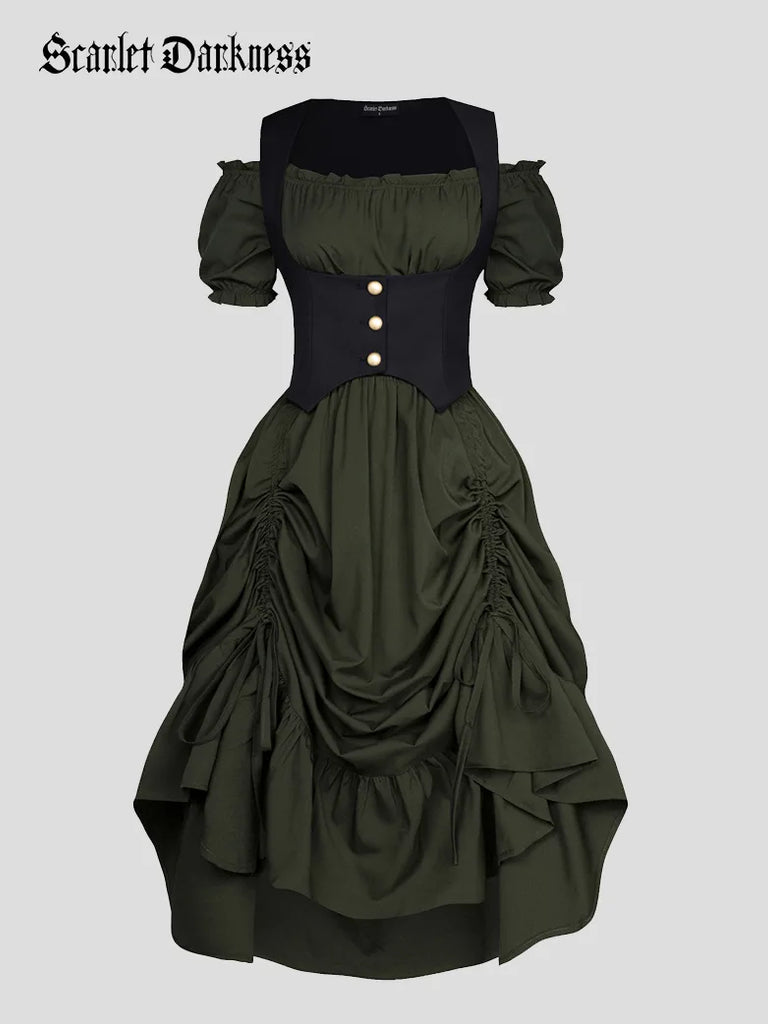 Steampunk Costume Off Shoulder Dress+Under-Bust Vest SCARLET DARKNESS