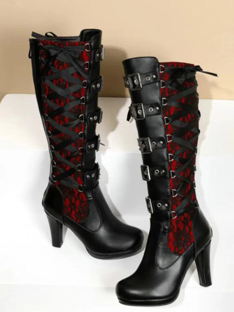 Women's Victorian Gothic Vampire Rivet Thick High Heel Boots SCARLET DARKNESS