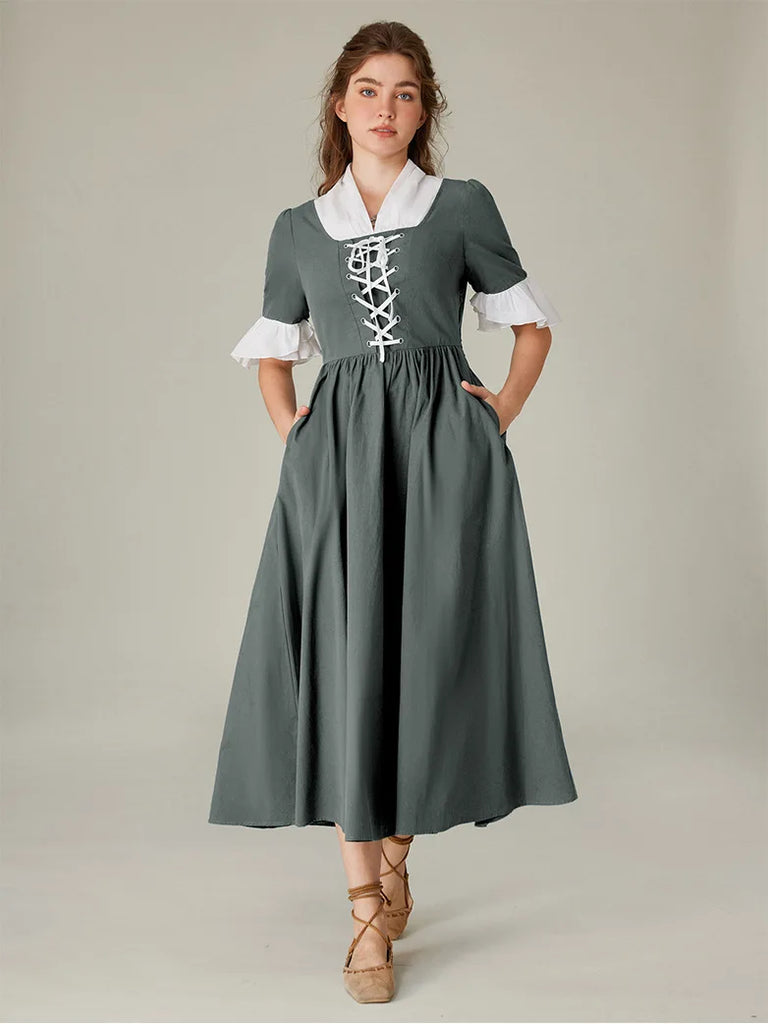 Women Colonial and Pioneer Lace up Maxi Dress with Pocket