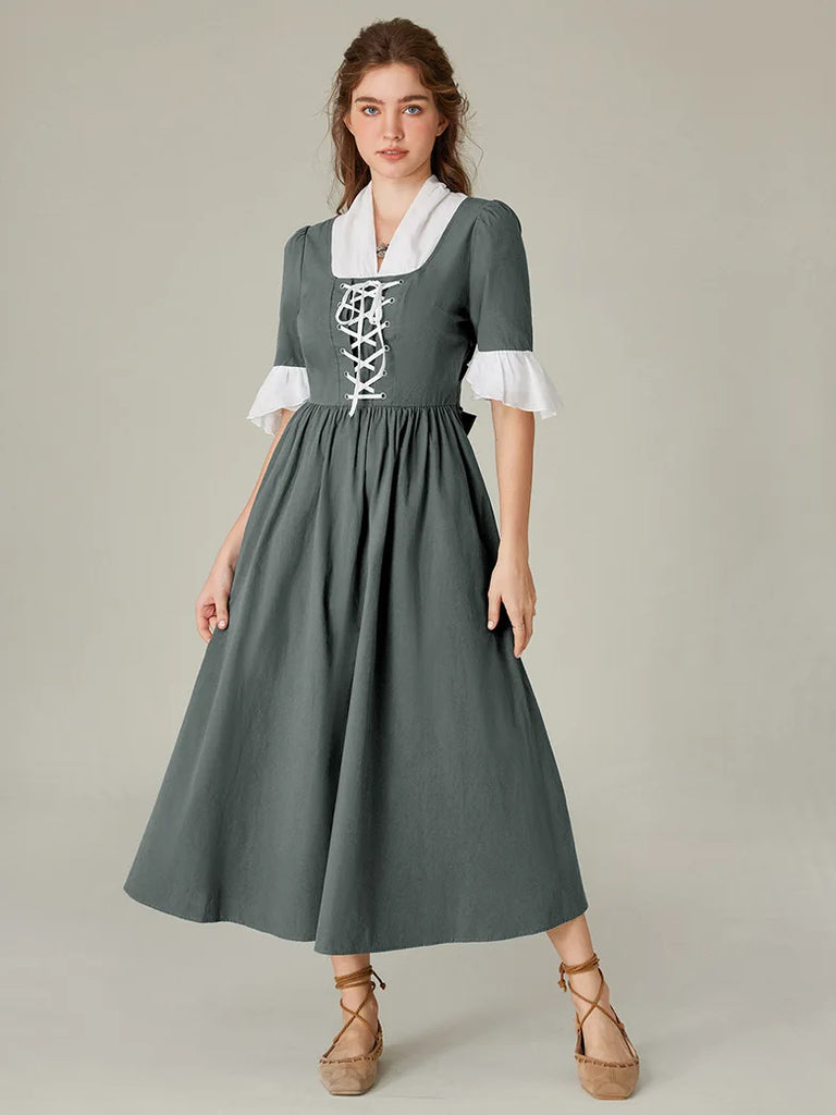 Women Colonial and Pioneer Lace up Maxi Dress with Pocket SCARLET DARKNESS