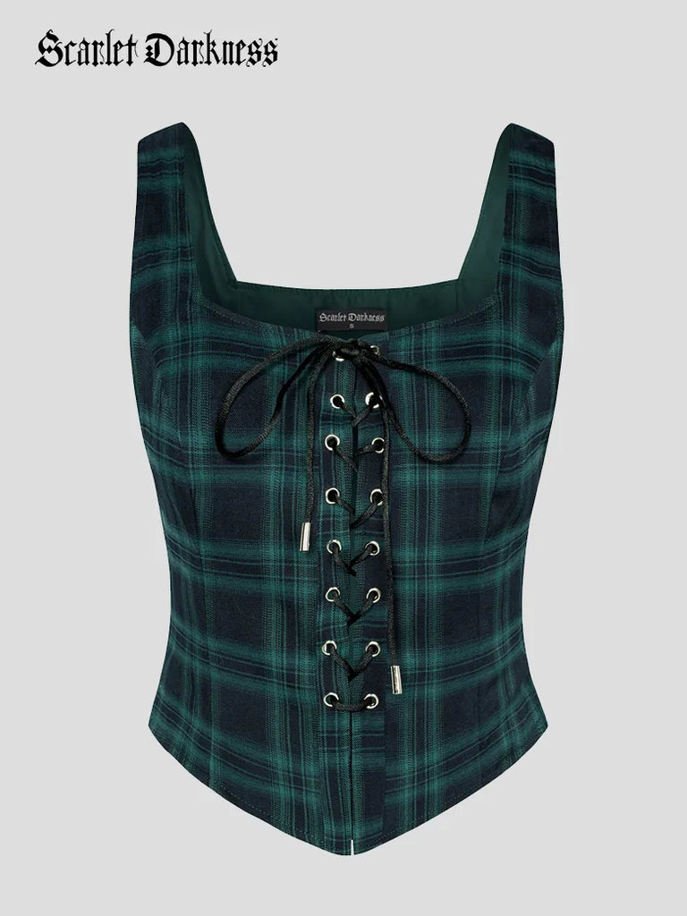 Renaissance Plaid Waistcoat Square Neck Lace-up Front Vest SCARLET DARKNESS