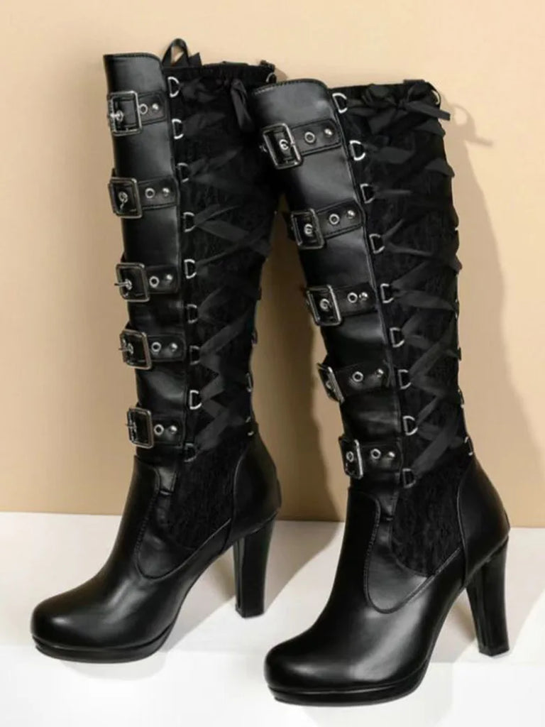 Women's Victorian Gothic Vampire Rivet Thick High Heel Boots SCARLET DARKNESS