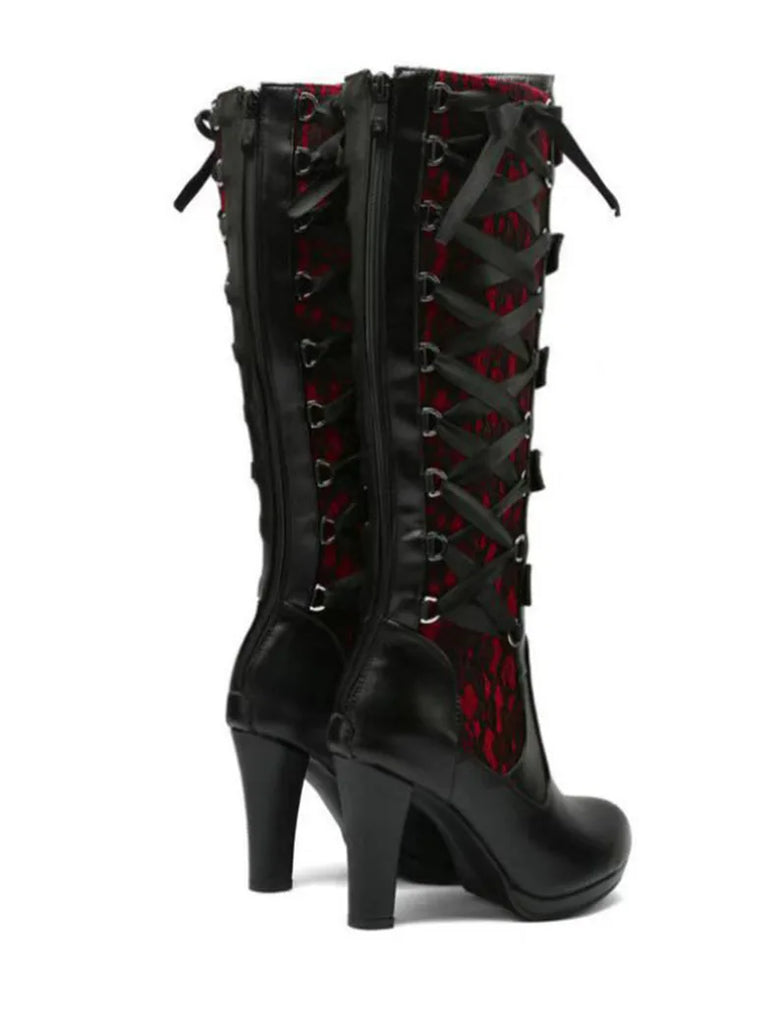 Women's Victorian Gothic Vampire Rivet Thick High Heel Boots SCARLET DARKNESS