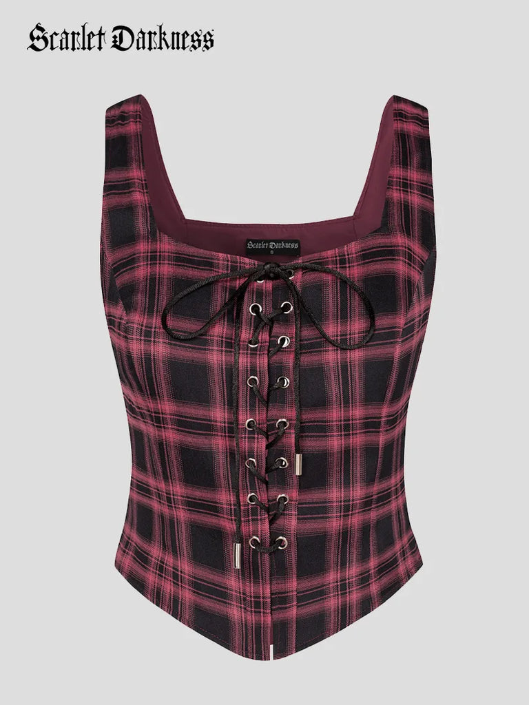 Renaissance Plaid Waistcoat Square Neck Lace-up Front Vest SCARLET DARKNESS