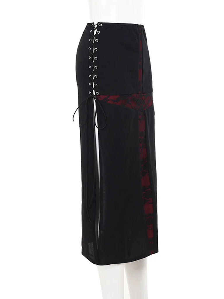 Women Gothic Skirts Cross Cut Out Slim Maxi Skirt SCARLET DARKNESS